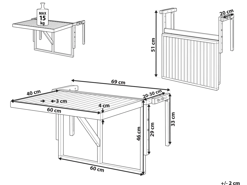 Balkonhangetisch Akazienholz Hohenverstellbar 60 X 40 Cm Dunkelbraun Udine