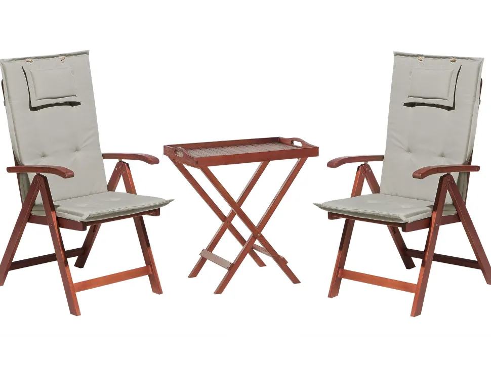Balkonset Akazienholz Dunkelbraun Verstellbar Auflagen Grau-Beige Toscana