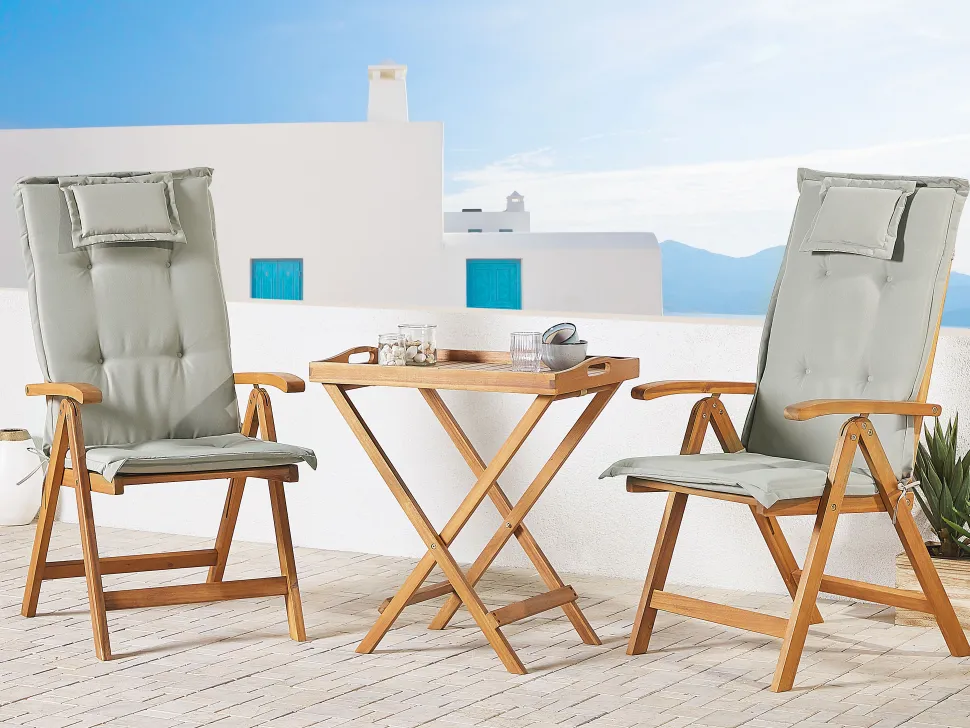 Balkonset Akazienholz Hellbraun Verstellbar Auflagen Grau-Beige Java