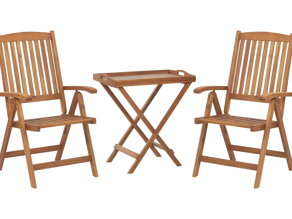 Balkonset Akazienholz Hellbraun Verstellbar Auflagen Grau-Beige Java