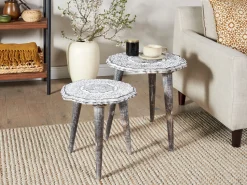 Beistelltisch 2Er Set Mango Holz Dunkelbraun / Cremeweis Rund Adro