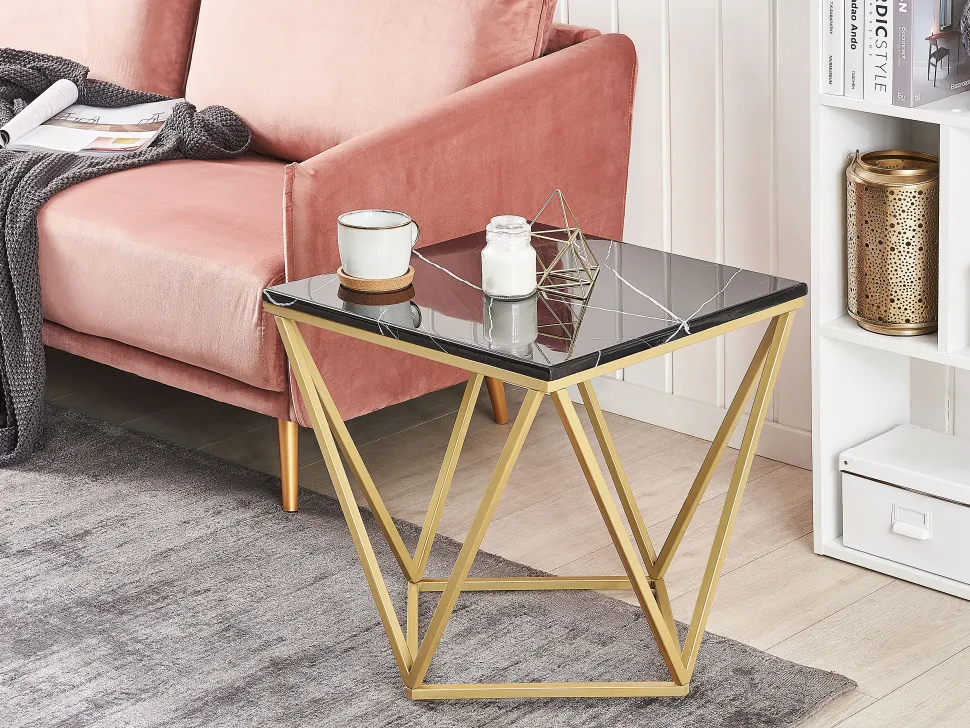 Beistelltisch Schwarz / Gold Marmor Optik Quadratisch 50 X 50 Cm Malibu