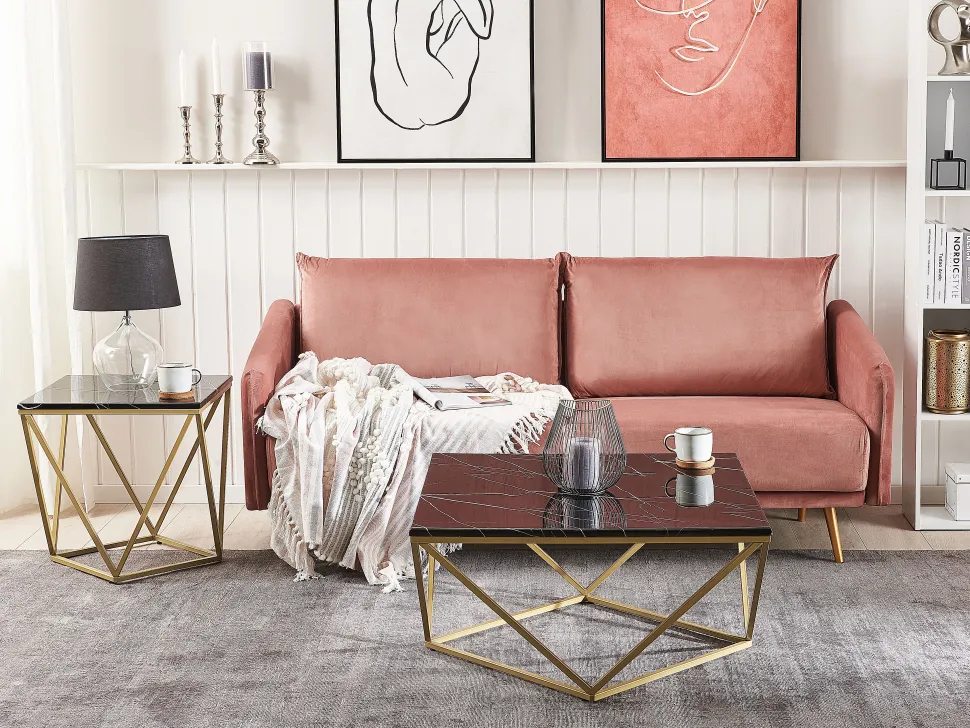 Beistelltisch Schwarz / Gold Marmor Optik Quadratisch 50 X 50 Cm Malibu