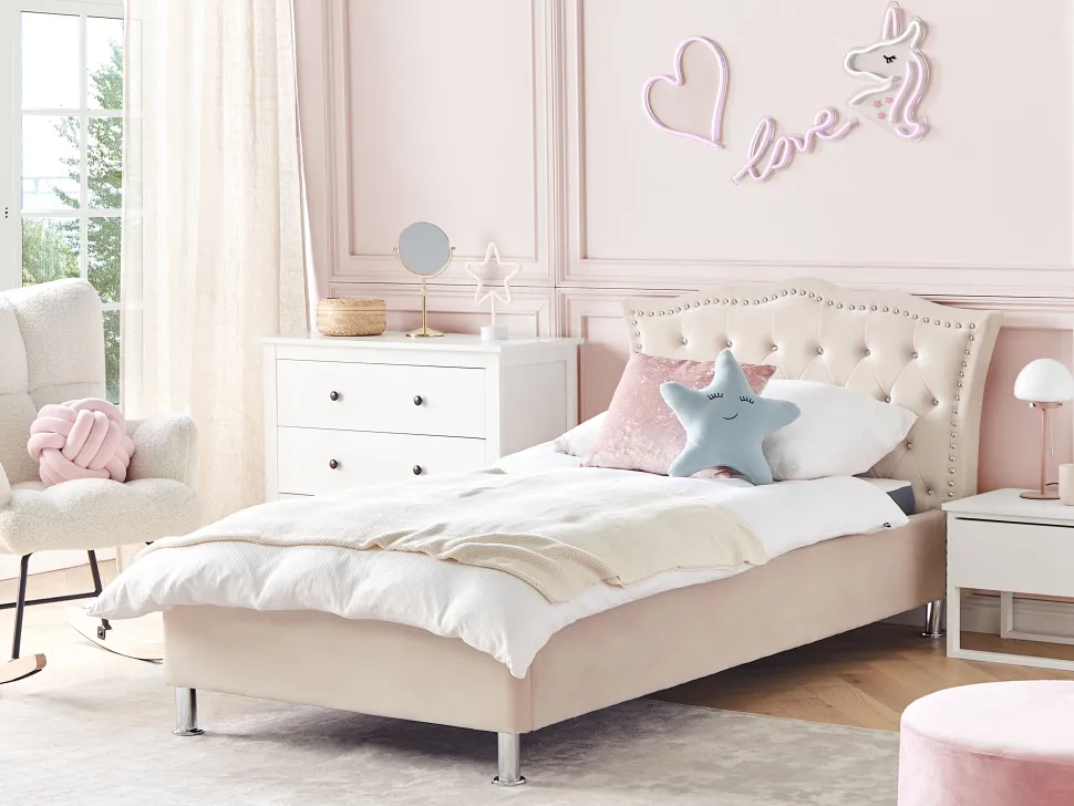 Bett Samtstoff Beige Mit Bettkasten Hochklappbar 90 X 200 Cm Metz