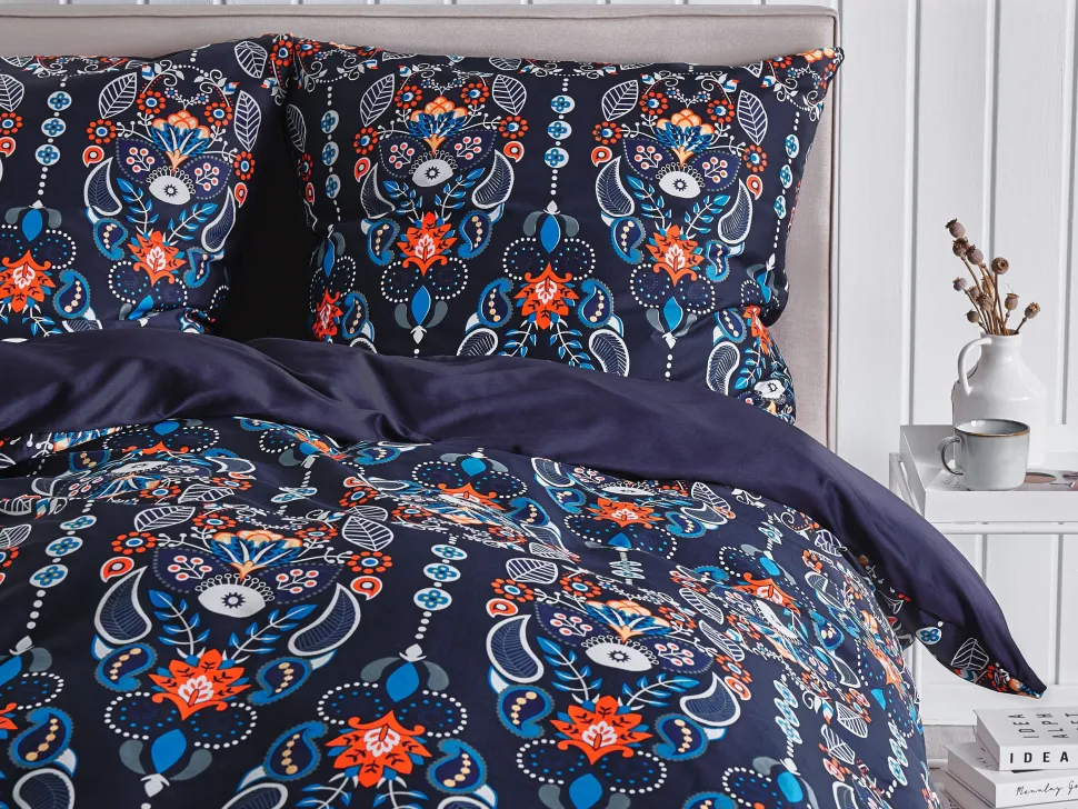 Bettwasche Set Dunkelblau / Orange Baumwollsatin 135 X 200 Cm Madrona