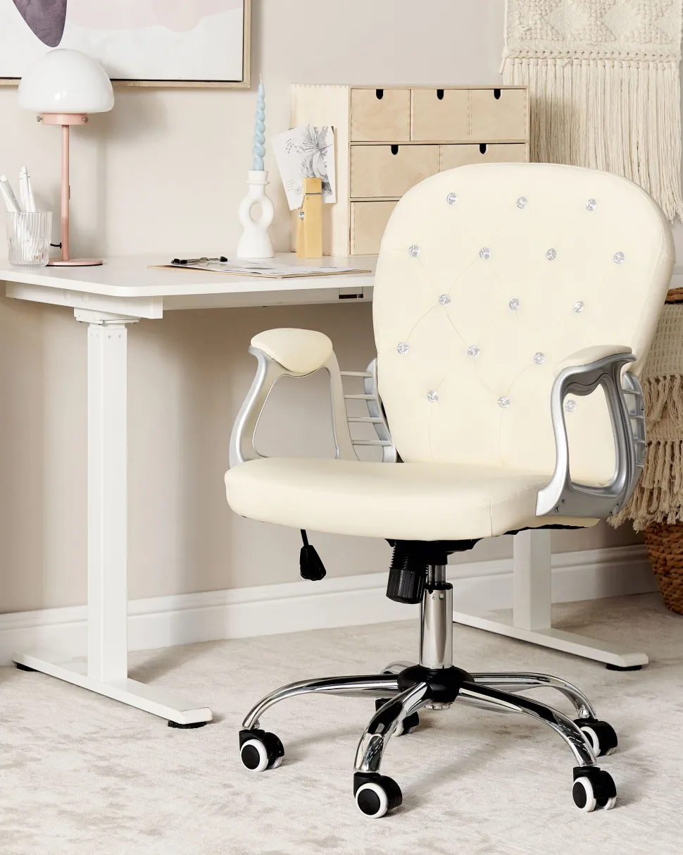Burostuhl Kunstleder Beige Mit Kristallsteinen Hohenverstellbar Princess