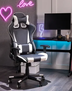Burostuhl Kunstleder Schwarz / Weis Hohenverstellbar Mit Fusstutze Gamer