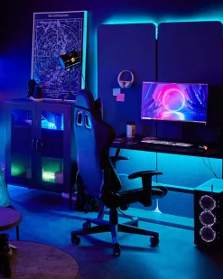 Burostuhl Kunstleder Schwarz / Dunkelblau Hohenverstellbar Mit Fusstutze Gamer