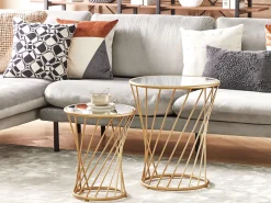 Couchtisch 2Er Set Glas / Metall Spiegeleffekt Gold Rund Twist