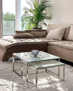 Couchtisch 2Er Set Glas Weis / Silber Quadratisch Brea