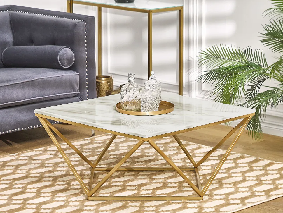 Couchtisch Marmor Optik Beige / Gold Quadratisch 80 X 80 Cm Malibu