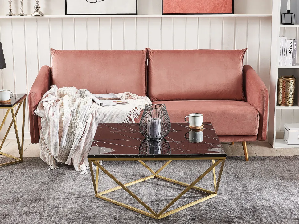 Couchtisch Marmor Optik Schwarz / Gold Quadratisch 80 X 80 Cm Malibu