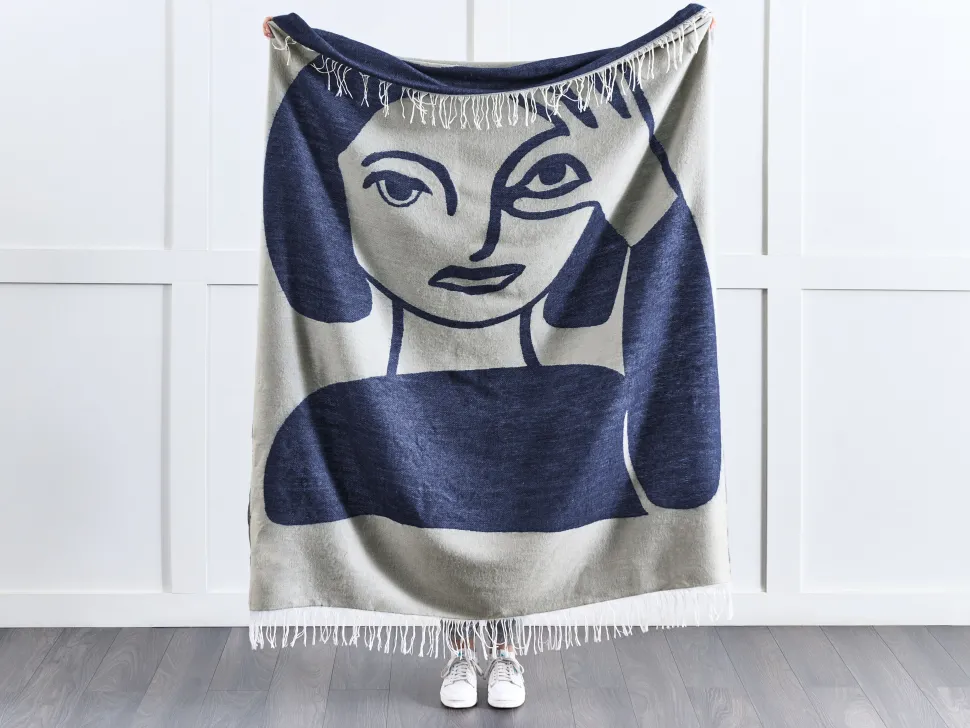 Decke Beige / Marineblau 130 X 170 Cm Frauenmotiv Halede