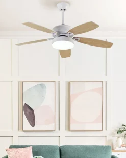 Deckenventilator Mit Licht Weis / Heller Holzfarbton Logan