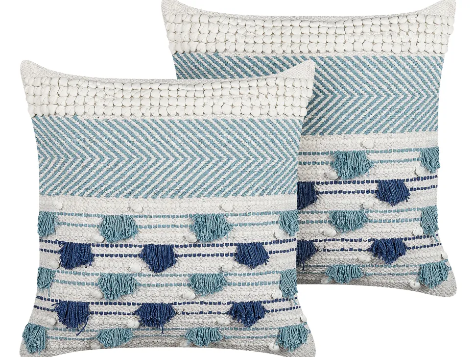 Dekokissen Baumwolle Weis/Blau Mit Quasten 45 X 45 Cm 2Er Set Datura