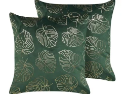 Dekokissen Blattermotiv Samtstoff Dunkelgrun / Gold 45 X 45 Cm 2Er Set Monstera