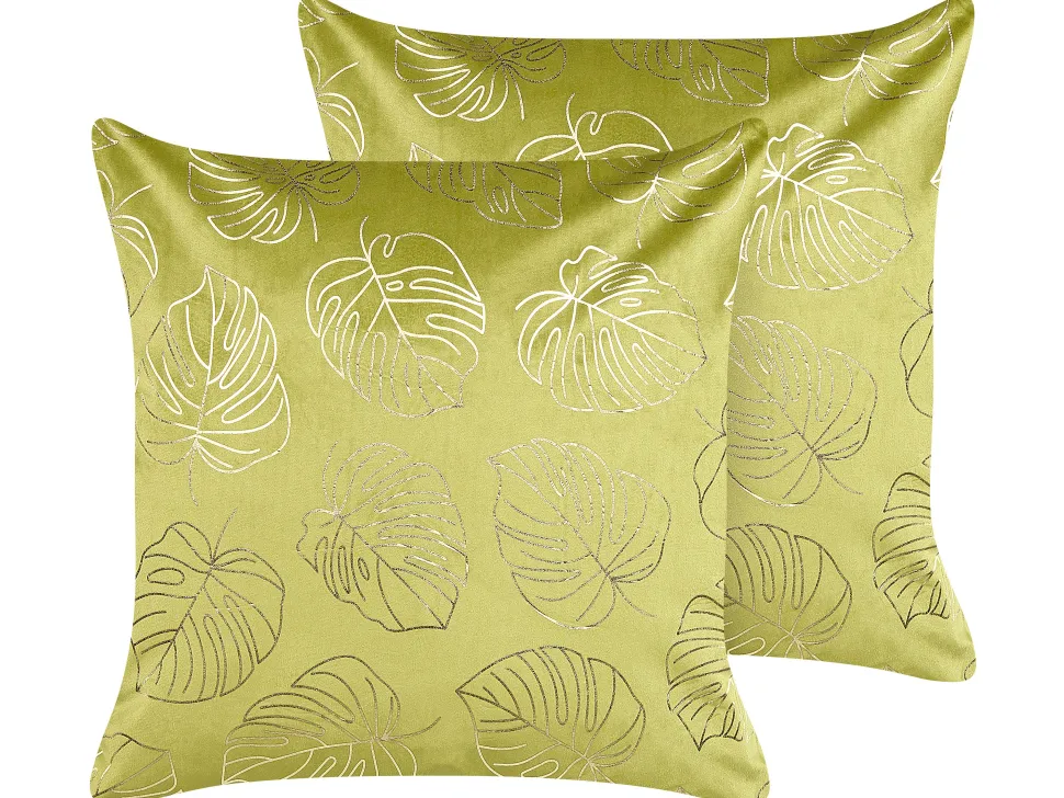 Dekokissen Blattermotiv Samtstoff Hellgrun / Gold 45 X 45 Cm 2Er Set Monstera