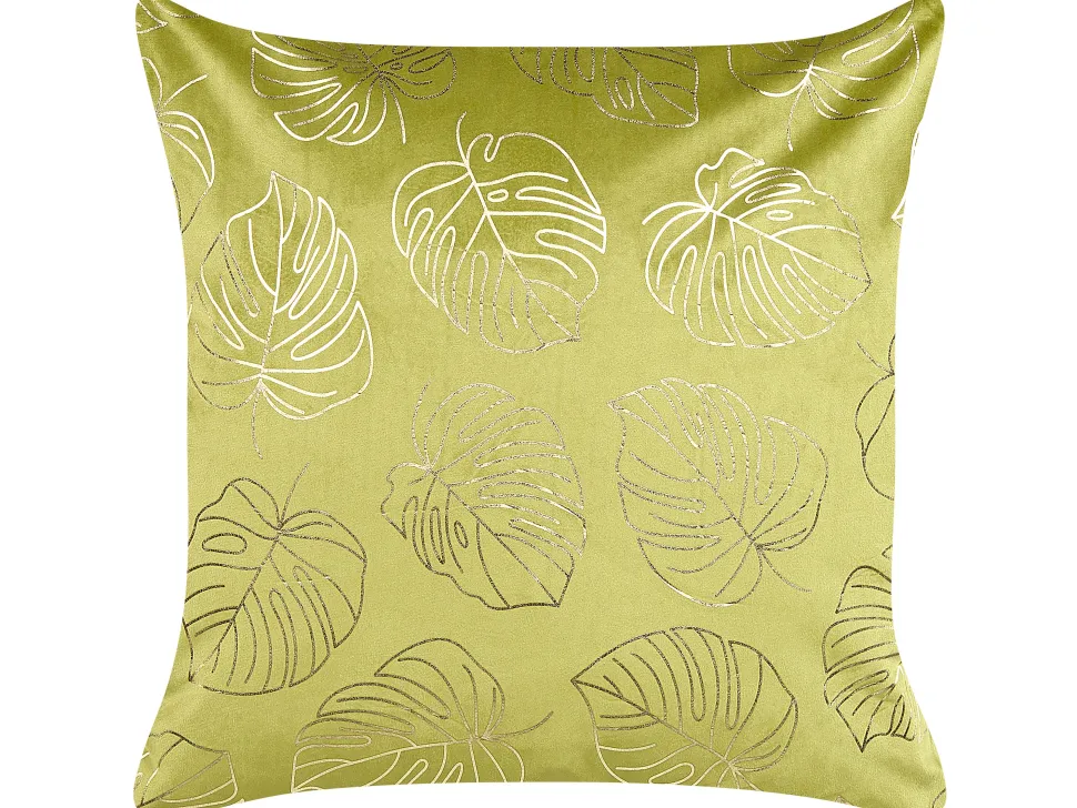 Dekokissen Blattermotiv Samtstoff Hellgrun / Gold 45 X 45 Cm 2Er Set Monstera