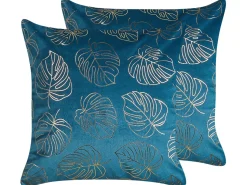 Dekokissen Blattermotiv Samtstoff Blau 45 X 45 Cm 2Er Set Monstera