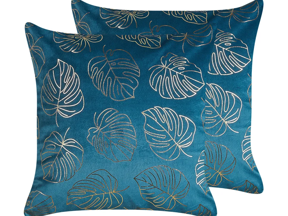 Dekokissen Blattermotiv Samtstoff Blau 45 X 45 Cm 2Er Set Monstera
