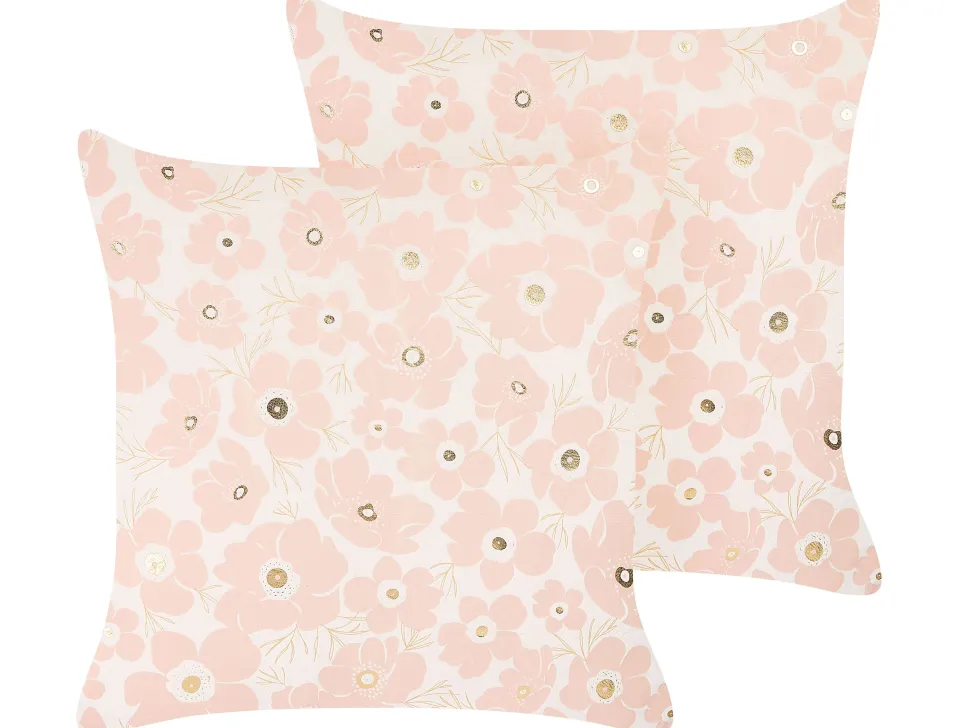 Dekokissen Blumenmotiv Samtstoff Rosa / Beige 45 X 45 Cm 2Er Set Triteleia