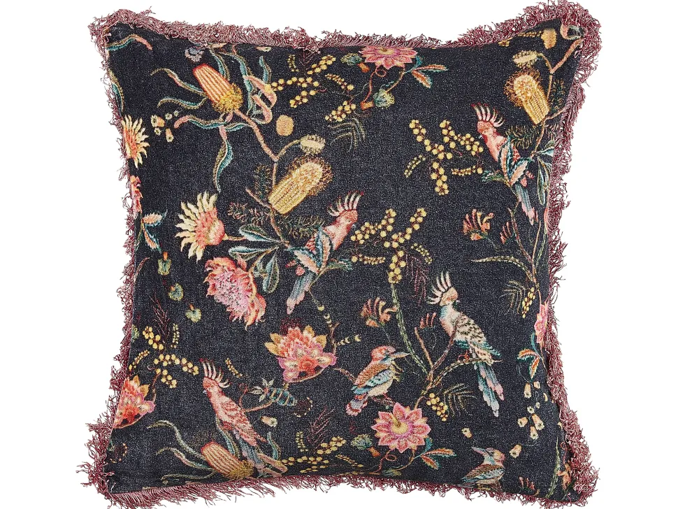 Dekokissen Blumenmuster Samtstoff Schwarz / Rosa Mit Fransen 45 X 45 Cm Morus
