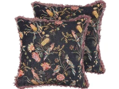 Dekokissen Blumenmuster Samtstoff Schwarz / Rosa Mit Fransen 45 X 45 Cm 2Er Set Morus