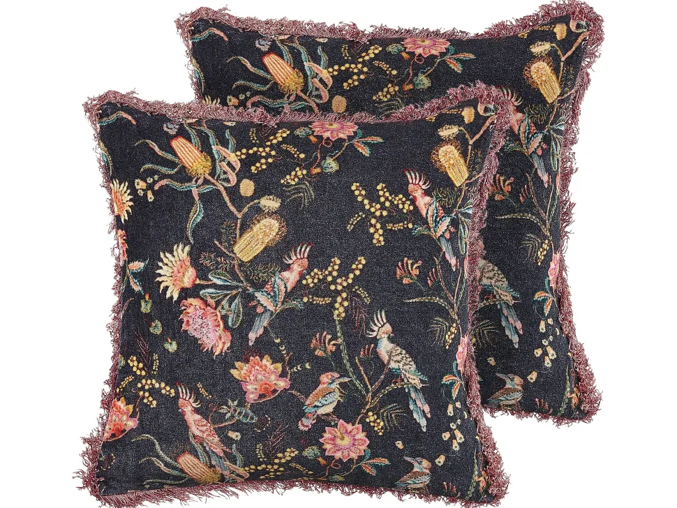 Dekokissen Blumenmuster Samtstoff Schwarz / Rosa Mit Fransen 45 X 45 Cm 2Er Set Morus