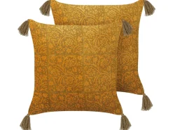 Dekokissen Blumenmuster Samtstoff Senfgelb Mit Quasten 45 X 45 Cm 2Er Set Rheum