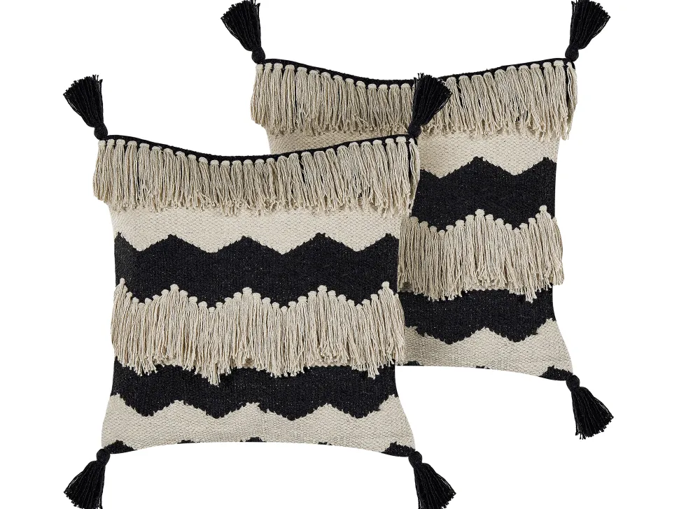 Dekokissen Chevron-Muster Mit Fransen Beige / Schwarz 45 X 45 Cm 2Er Set Hydrangea