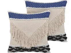 Dekokissen Fransen Beige / Marineblau 45 X 45 Cm 2Er Set Sofca