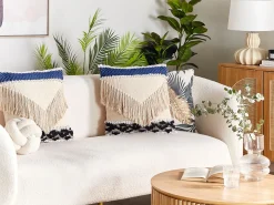 Dekokissen Fransen Beige / Marineblau 45 X 45 Cm 2Er Set Sofca