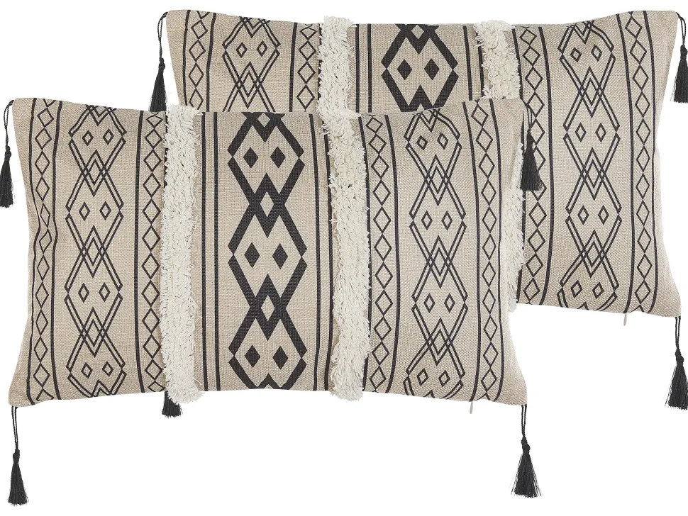 Dekokissen Geometrisches Muster Mit Fransen Beige / Schwarz 30 X 50 Cm 2Er Set Pulmonaria