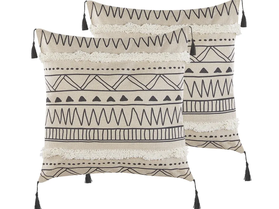 Dekokissen Geometrisches Muster Mit Fransen Beige / Schwarz 45 X 45 Cm 2Er Set Heuchera