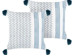 Dekokissen Geometrisches Muster Baumwolle Weis/Blau Mit Quasten 45 X 45 Cm 2Er Set Tilia