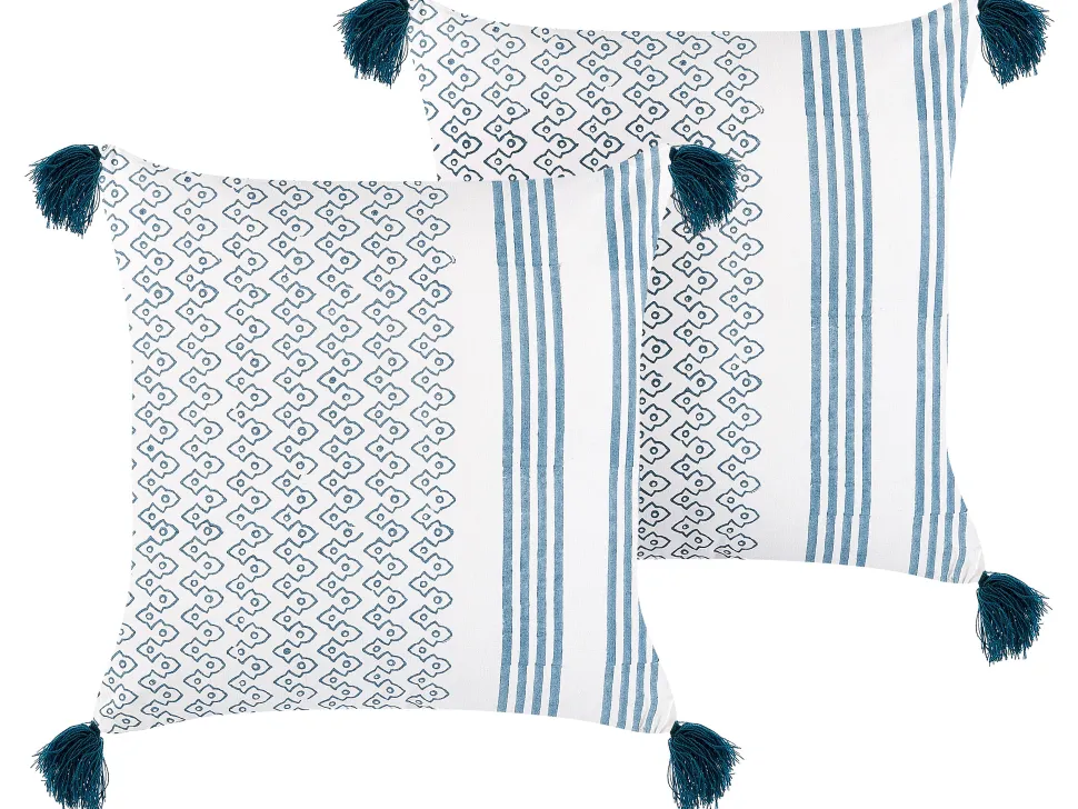 Dekokissen Geometrisches Muster Baumwolle Weis/Blau Mit Quasten 45 X 45 Cm 2Er Set Tilia