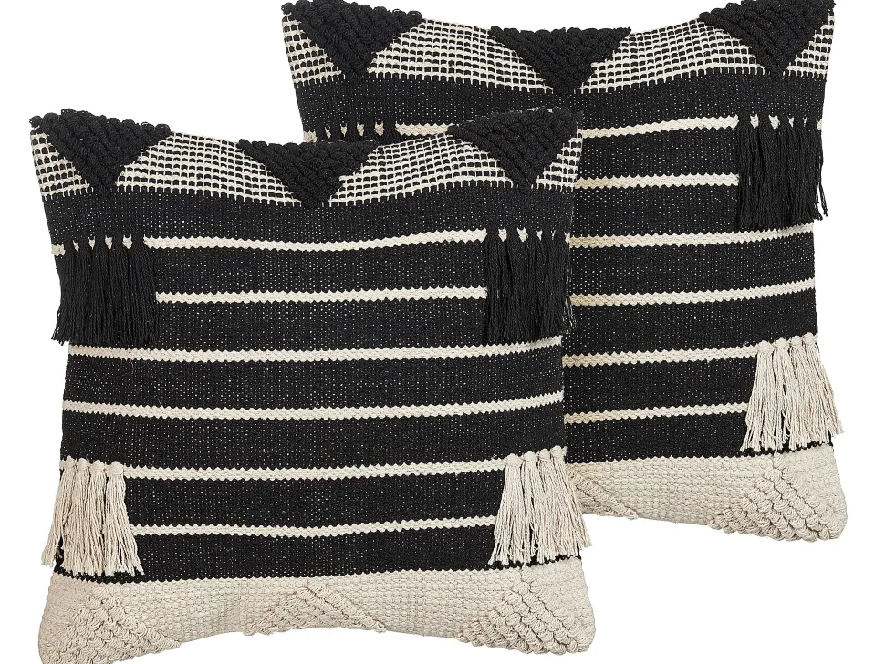 Dekokissen Geometrisches Muster Mit Fransen Beige / Schwarz 50 X 50 Cm 2Er Set Chittoor