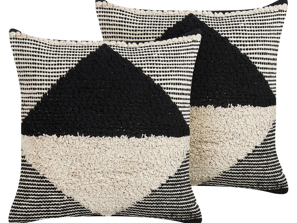 Dekokissen Geometrisches Muster Baumwolle Beige / Schwarz Getuftet 50 X 50 Cm 2Er Set Khora