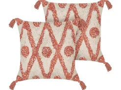 Dekokissen Geometrisches Muster Baumwolle Beige/Orange Getuftet Mit Quasten 45 X 45 Cm 2Er Set Hickory