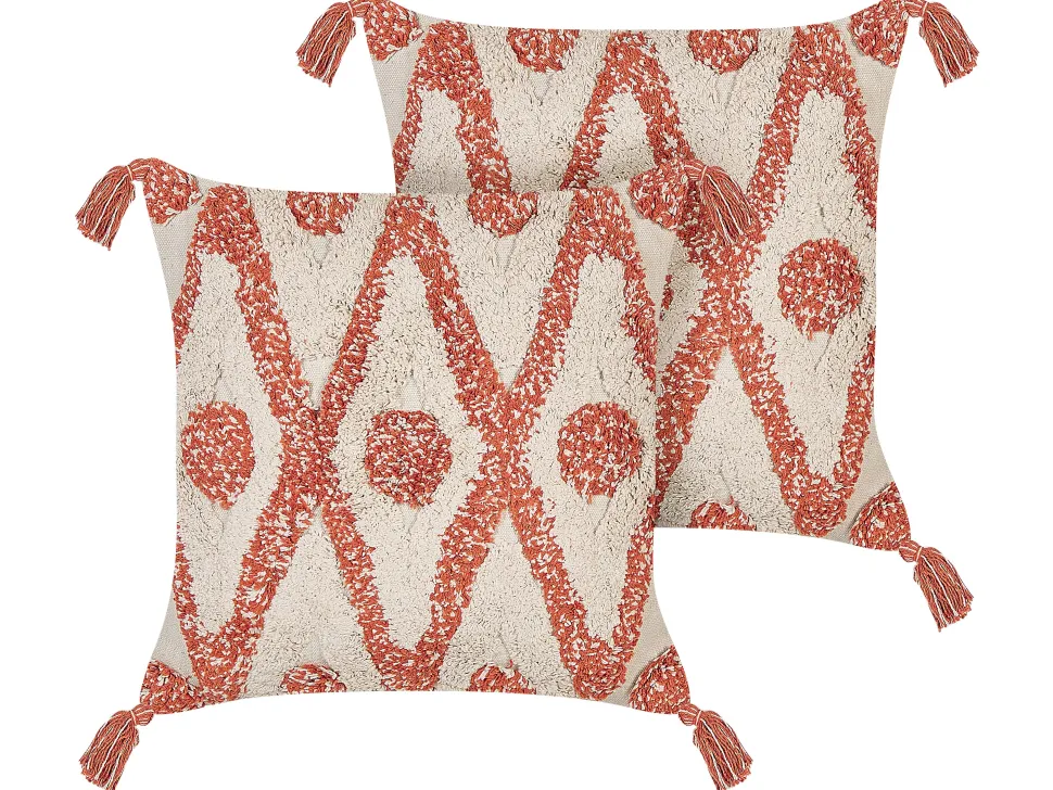 Dekokissen Geometrisches Muster Baumwolle Beige/Orange Getuftet Mit Quasten 45 X 45 Cm 2Er Set Hickory