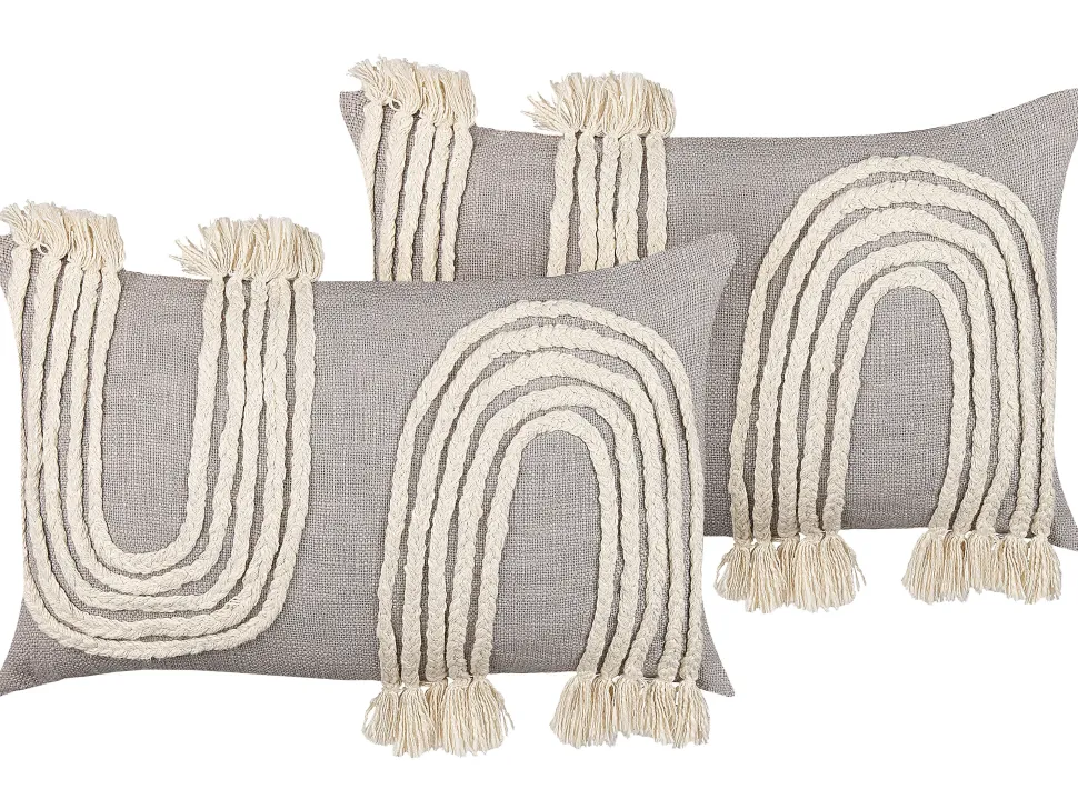 Dekokissen Geometrisches Muster Baumwolle Grau / Beige Gestickt 35 X 55 Cm 2Er Set Ocimum