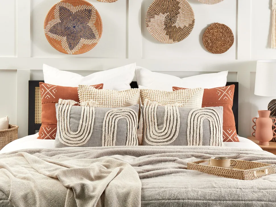 Dekokissen Geometrisches Muster Baumwolle Grau / Beige Gestickt 35 X 55 Cm 2Er Set Ocimum
