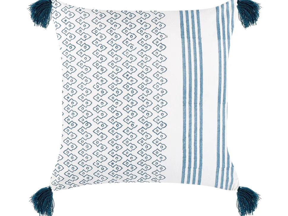Dekokissen Geometrisches Muster Baumwolle Weis/Blau Mit Quasten 45 X 45 Cm Tilia