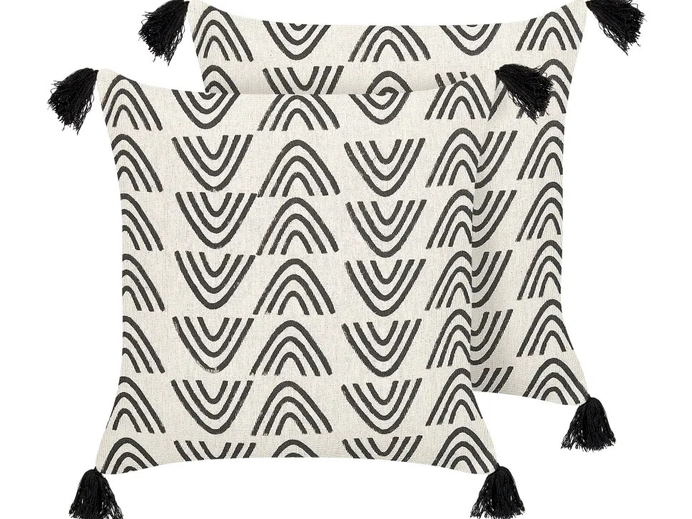Dekokissen Geometrisches Muster Baumwolle Cremeweis / Schwarz Mit Quasten 45 X 45 Cm 2Er Set Mays