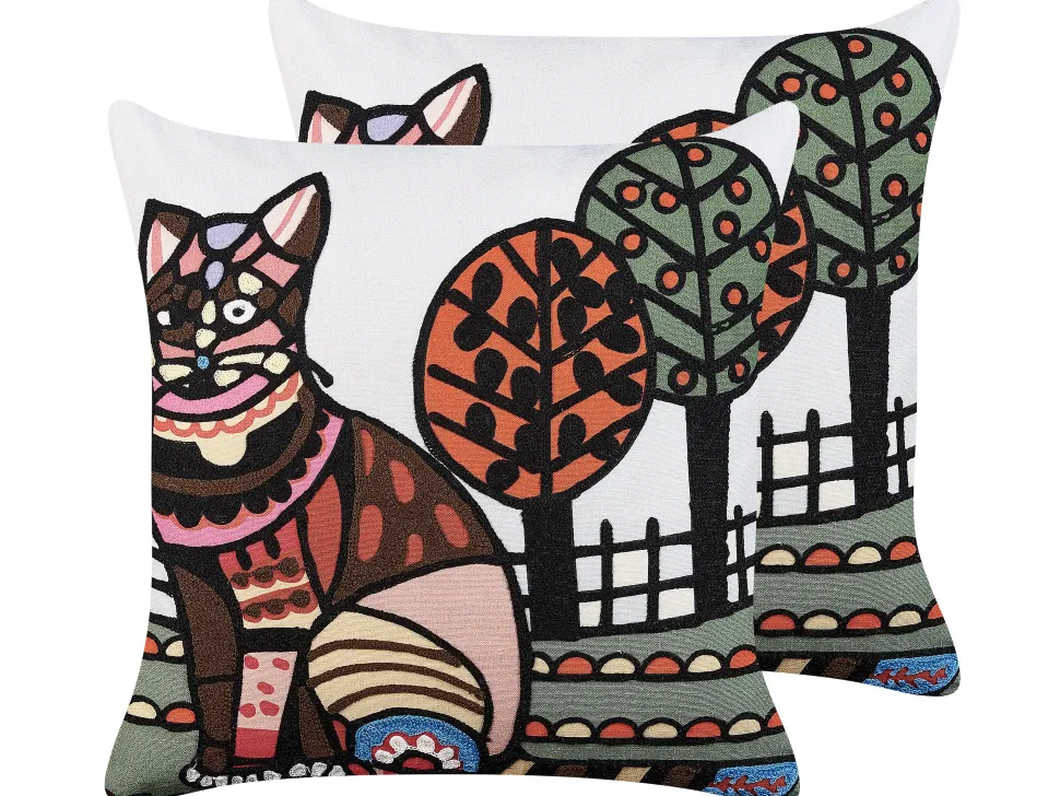 Dekokissen Katzenmotiv Mehrfarbig Bestickt 50 X 50 Cm 2Er Set Mehsana