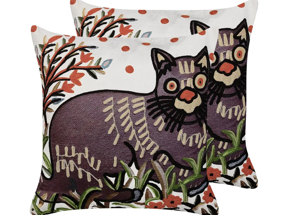 Dekokissen Katzenmotiv Mehrfarbig Bestickt 50 X 50 Cm 2Er Set Phusro