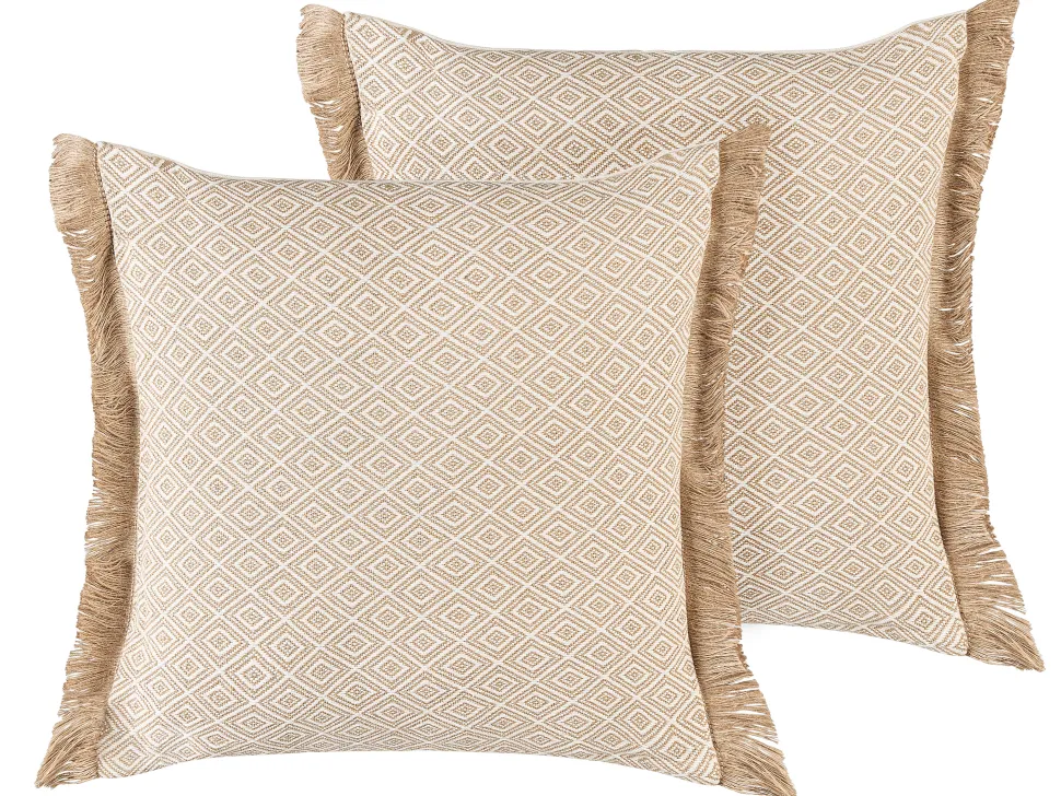 Dekokissen Mit Fransen Geometrisches Muster Sandbeige 45 X 45 Cm 2Er Set Lonar