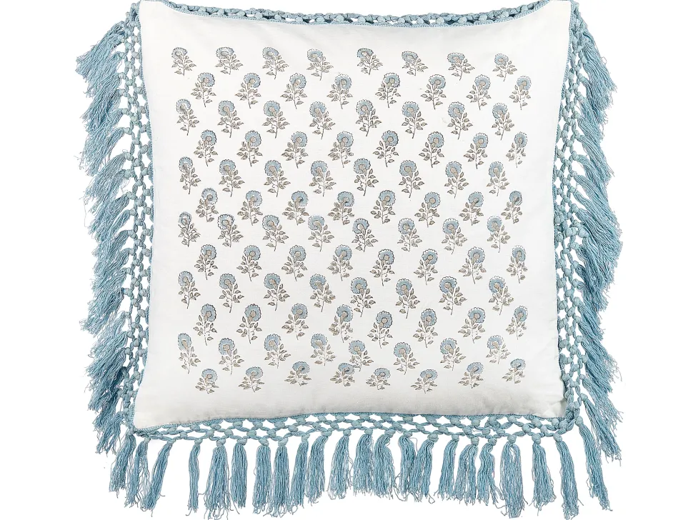 Dekokissen Pflanzenmuster Baumwolle Weis/Blau Mit Fransen 45 X 45 Cm Pallida