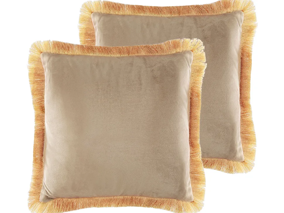 Dekokissen Samtstoff Beige Mit Fransen 45 X 45 Cm 2Er Set Pothos