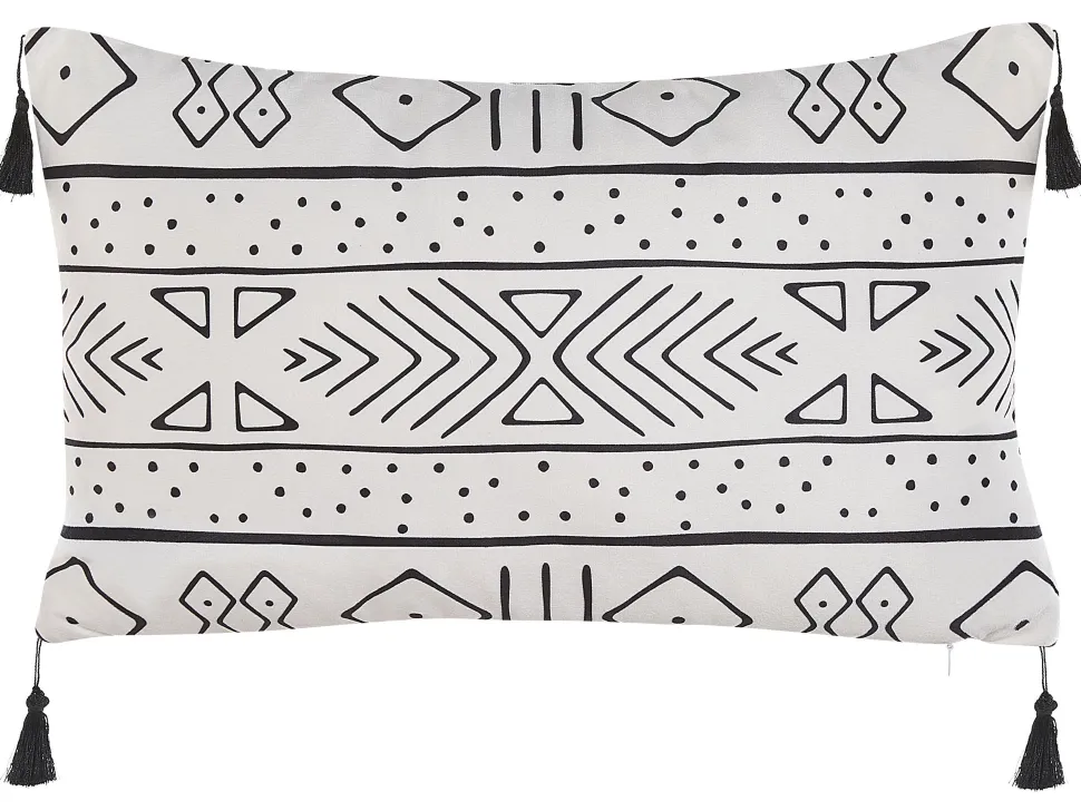 Dekokissen Samtstoff Geometrisches Muster Mit Fransen Weis / Schwarz 30 X 50 Cm 2Er Set Schefflera